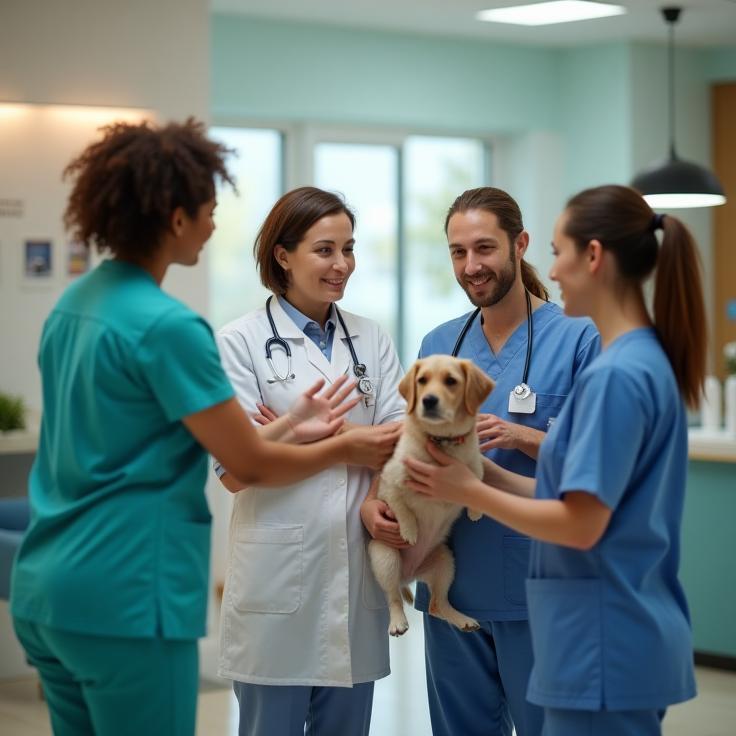 Team of veterinarians consulting with owner in clinic reception