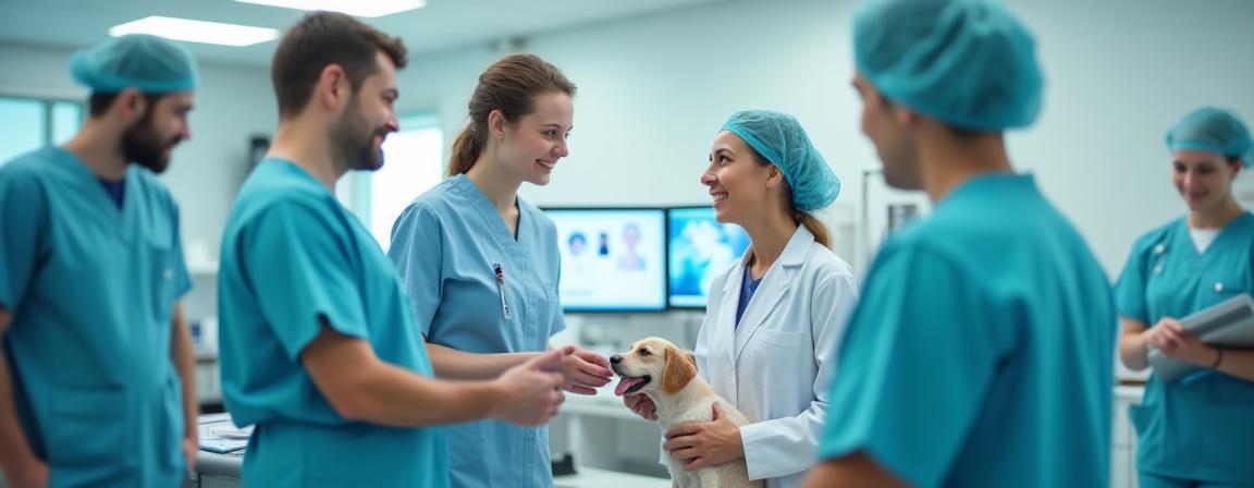 Veterinary team collaborating in modern clinic setting