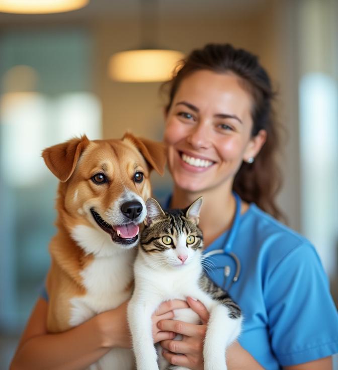 Smiling pet owner with dog and cat at Camden Veterinary Clinic