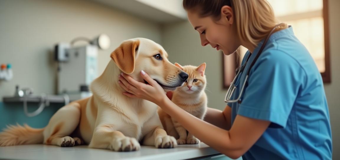 Dog and cat receiving gentle care from vet nurse